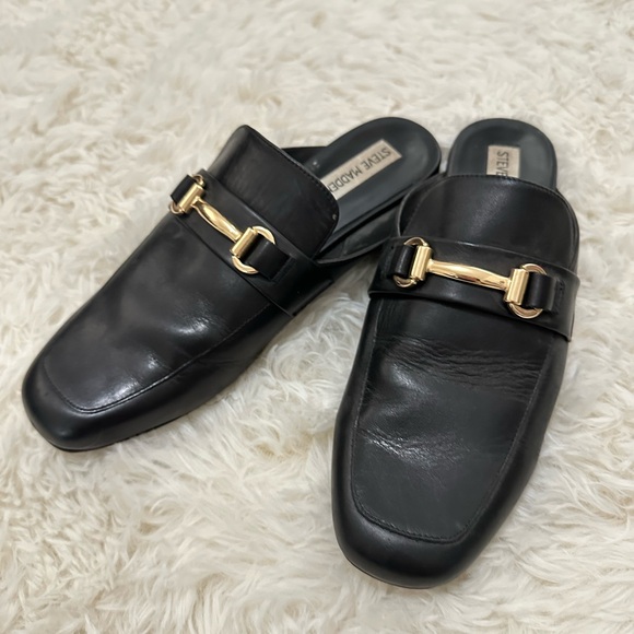 Steve Madden Shoes - Steve Madden Black Leather Mules with Gold Accent